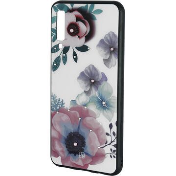 Husa Just Must Carcasa Glass Diamond Print Samsung Galaxy A7 (2018) Flowers White Background (spate din sticla cu cristale, interior si margini cauciucate negre)