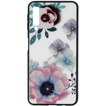 Husa Just Must Carcasa Glass Diamond Print Samsung Galaxy A7 (2018) Flowers White Background (spate din sticla cu cristale, interior si margini cauciucate negre)