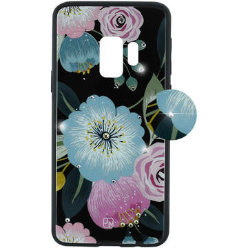 Husa Just Must Carcasa Glass Diamond Print Samsung Galaxy S9 G960 Flowers Black Background (spate din sticla cu cristale, interior si margini cauciucate negre)