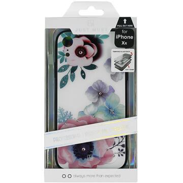 Husa Just Must Carcasa Glass Diamond Print iPhone XR Flowers White Backgound (spate din sticla cu cristale, interior si margini cauciucate negre)