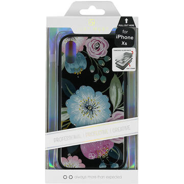 Husa Just Must Carcasa Glass Diamond Print iPhone XS Flowers Black Background (spate din sticla cu cristale, interior si margini cauciucate negre)