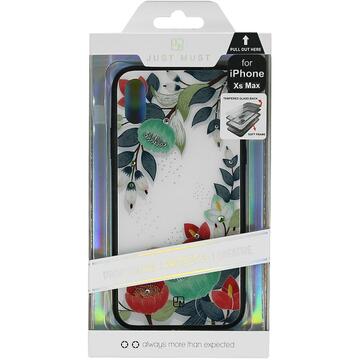 Husa Just Must Carcasa Glass Diamond Print iPhone XS Max Orange &amp; Green Flowers (spate din sticla cu cristale, interior si margini cauciucate negre)