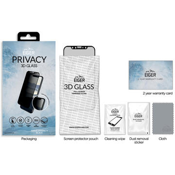 Husa Eiger Folie Sticla 3D Privacy iPhone X / XS Black (0.33mm, 9H, case friendly, curved, oleophobic)