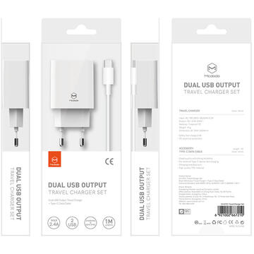 Incarcator de retea Mcdodo Incarcator Retea 2.4A Dual USB White cu cablu Type-C 1m (plug EU)-T.Verde 0.1 lei/buc