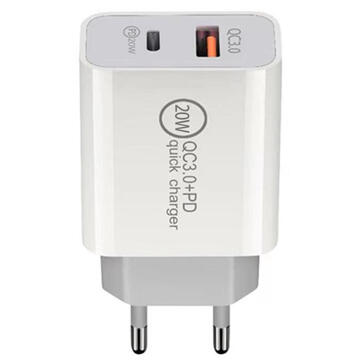 Incarcator de retea Lemontti Incarcator Retea PD Type-C + USB Quick Charge 20W Alb (output USB + Type-C 3.4A max, QC3.0)
