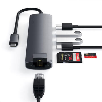 Satechi Multihub Slim Multiport Type-C la 2xUSB 3.0, HDMI 4K, MicroSD, SD si RJ45 Ethernet Space Gray (Aluminiu)