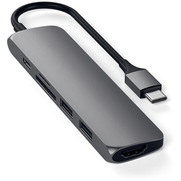 Satechi Multihub Slim Multimedia Adapter V2 Type-C la 2xUSB 3.0, HDMI 4K, MicroSD, SD si USB-C PD Space Gray (Aluminiu)
