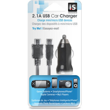 iSound Incarcator Auto 2.1A USB Negru (cablu microUSB si miniUSB)-T.Verde 0.1 lei/buc