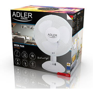 Ventilator Adler AD 7302, 35 W, 2 trepte de viteza, 23 cm diametru, functie de oscilare, Alb