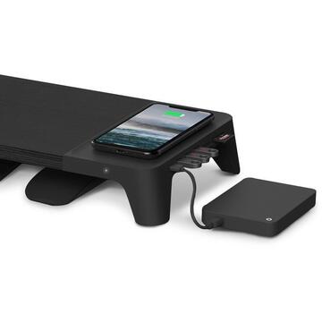 POUT Suport pentru laptop universal din lemn cu incarcarea wireless a telefonului, Negru
