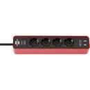 Prelungitor Brennenstuhl Ecolor 4x Power 2x USB - 1.5m - red