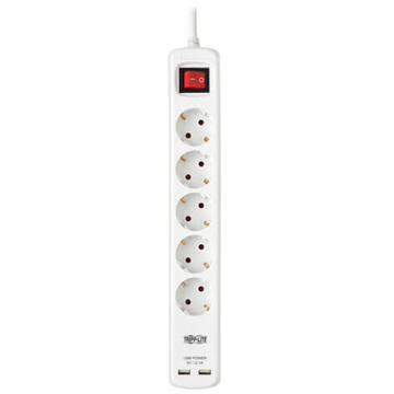 Prelungitor Tripp Lite Power Strip with USB charging PS5G3USB 5xSchuko Outlets/2xUSB-A 2.1A/White/16A circuit breaker/Overload protection/3m
