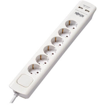 Prelungitor Tripp Lite Power Strip with USB charging TLP6G18USB 6xSchuko Outlets/2xUSB-A 2.1A/White/16A circuit breaker/Overload protection/1.83m