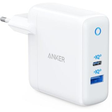 Incarcator de retea Anker PowerPort PD+ 2, USB-C, USB-A, 35W, Alb-Gri