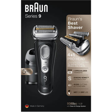 Aparat de barbierit Braun Series 9 9380cc 4+1 Pro Head, Tehnologie SyncroSonic, Wet&Dry, Negru