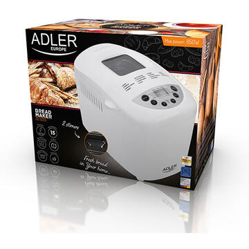 Masina de paine Adler AD 6019  2 palete framantare 850 W 1250 g 12 Programe afisaj LCD Alb