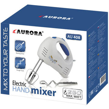Mixer Aurora AU 408  250 W 7 viteze,2 accesorii tip tel, 2 carlige de framantare Alb