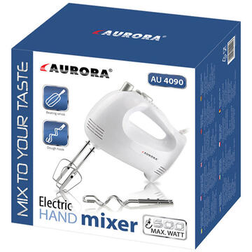 Mixer Aurora AU 4090  500 W 5 viteze, Functie Turbo, 2 accesorii tip tel, 2 carlige de framantare, Alb