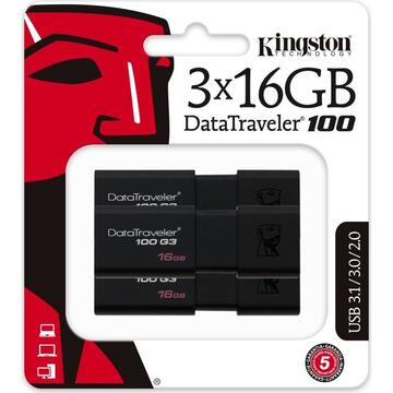 Memorie USB Kingston DataTraveler 100 G3 16 GB, USB stick (black, 3-Pack, USB 3.2 A gene 1)