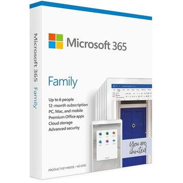 Suita office Licenta Cloud Retail Microsoft 365 Family English Subscriptie 1 an Medialess P8