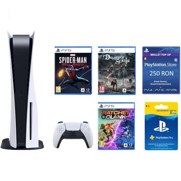 Consola Sony PS5 B Chassis 825GB + Spider-Man Miles Morales+ DemonS Soul + Ratchet and Clank + Membership 90 zile + Card PlayStation Store 250 RON