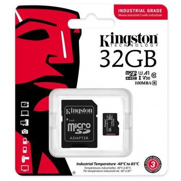 Card memorie Kingston microSDHC   Industrial 32GB, Class 10, UHS-I U3, V30, A1 + Adaptor SD