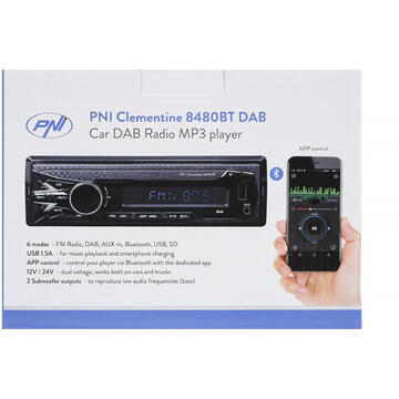 Sistem auto DAB Radio MP3 player auto PNI Clementine 8480BT 4x45w, 12/24V, 1 DIN, cu SD, USB, AUX, RCA, Bluetooth si USB 1.5A pentru incarcare telefon
