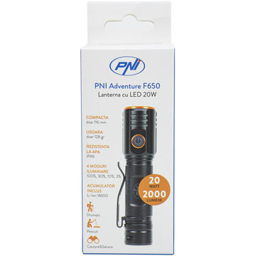 Lanterna PNI Adventure F650 cu LED 20W, 2000lm, din aluminiu, IPX6, acumulator inclus, incarcare prin USB tip C