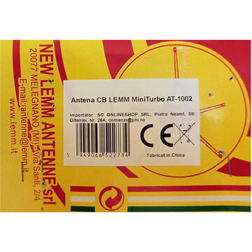 Antena CB LEMM MiniTurbo AT-1002, lungime 110 cm, castig 2dB, 26.5-27.5Mhz, 200W, cablu RG58 4m, fabricata in Italia