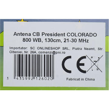 Antena CB President Colorado 800 WB, 21-30MHz, Castig +5dB, 130cm