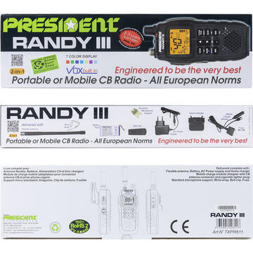Statie radio Statie radio CB portabila President RANDY III AM/FM, Roger Beep, ASC, ANL, NB, HI-CUT, CTCSS / DCS, acumulator