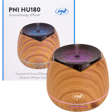 Aparate aromaterapie si wellness Difuzor aromaterapie PNI HU180 pentru uleiuri esentiale,  cu ultrasunete, 400 ml, timer, 7 culori LED, inchidere automata, Wood Grain
