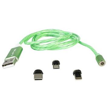 CABLU 1M 3IN1 TIP C/IPHONE/MICRO USB ILUMINAT LED VERDE