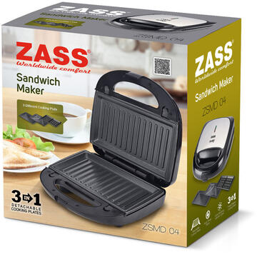 Sandwich maker ZASS ZSMD 04, putere 750W, 3 placi teflonate 23x13cm pentru grill, sandvisuri si vafe