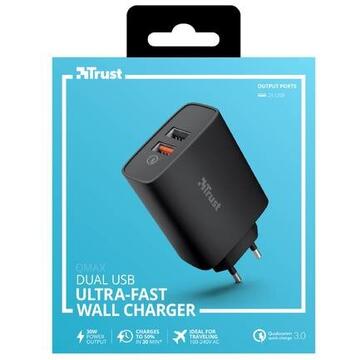 Incarcator de retea Trust Qmax Ultra-Fast, Dual USB, QC3.0, 30W, Black