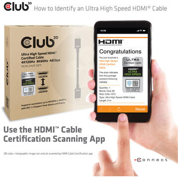 Club 3D CLUB3D Ultra High Speed HDMI 4K120Hz, 8K60Hz Certified Cable 48Gbps M/M 1.5 m/4.92 ft