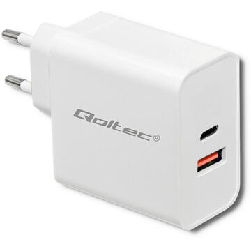 Incarcator de retea Qoltec 51715 Charger| 63W | 5-20V | 1.5-3A | USB type C PD | USB QC 3.0 | White