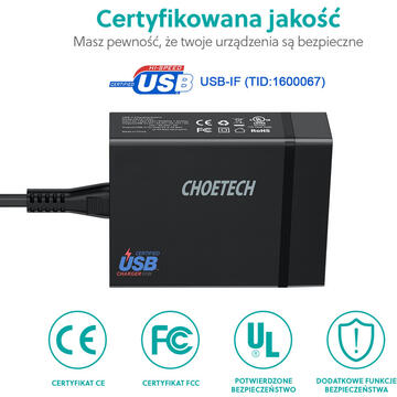 Incarcator de retea CHOETECH WALL CHARGER 4 X USB GAN 72W BLACK PD72-1C3U