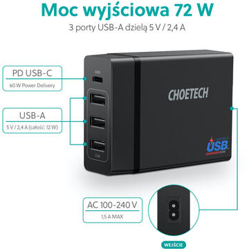 Incarcator de retea CHOETECH WALL CHARGER 4 X USB GAN 72W BLACK PD72-1C3U