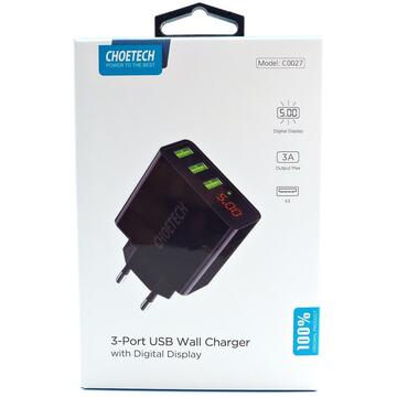 Incarcator de retea CHOETECH WALL CHARGER 3 X USB 15W LED BLACK C0027
