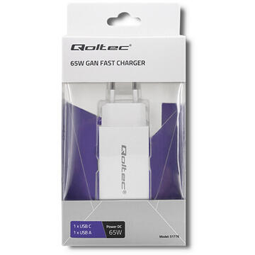 Incarcator de retea Qoltec 51776 GaN FAST 65W charger | 5-20V | 2.25-3.25A | USB | USB type C PD