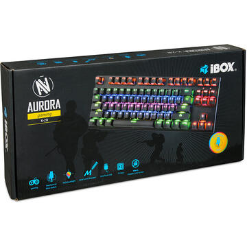 Tastatura iBOX KEYBOARD I-BOX AURORA K-2R RGB, Tastatura Mecanica GAMING, USB, Cu fir, Iluminare RGB