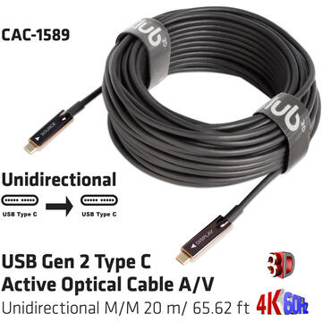 Club 3D CLUB3D USB Gen 2 Type C Active Optical Cable A/V Unidirectional M/M 20 m/ 65.62 ft