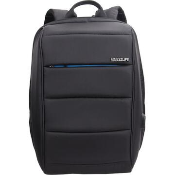Rucsac BESTLIFE Travel Safe - negru/albastru - laptop 16 inch, charge pentru USB si TypeC conectori
