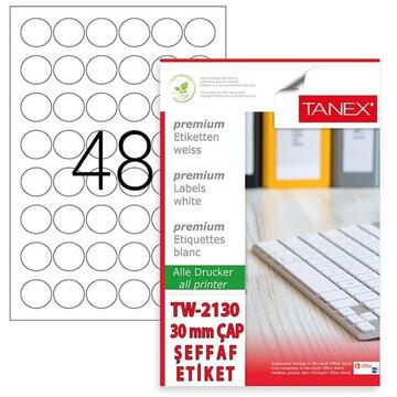 Accesorii birotica Etichete polyester albe, autoadezive, rotunde - D30mm, 48/A4, 25 coli/top, TANEX