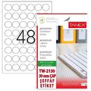 Accesorii birotica Etichete polyester albe, autoadezive, rotunde - D30mm, 48/A4, 25 coli/top, TANEX