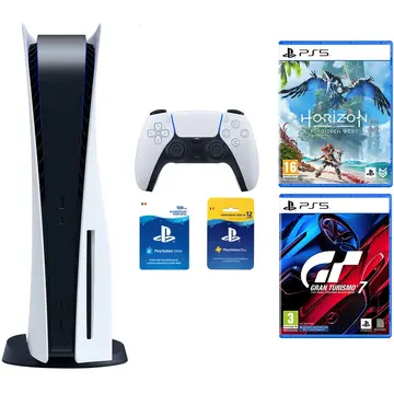 Consola Sony PlayStation 5 + Joc PS5 Gran Turismo 7 + Joc PS5 Horizon Forbidden West + PSPlus 365 zile + PSCard 100 RON