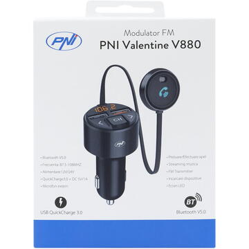 Modulator FM PNI Valentine V880 cu microfon, Bluetooth 5.0, MP3 player, transmitator FM, port USB dual, incarcare rapida dispozitive mobile prin QC3.0, compatibil cu Siri si Google Assistant