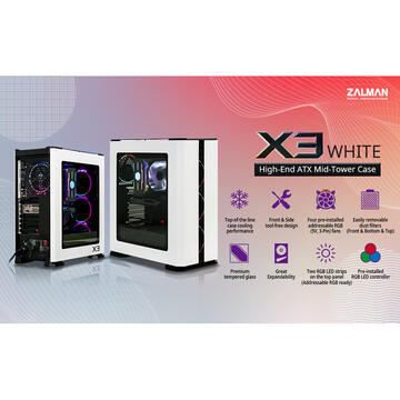 Carcasa Zalman X3 ATX Mid Tower ARGB fan x4 TG WHITE