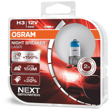 Set 2 becuri OSRAM H3 Night Breaker Laser Next Gen (+150% lumina) 12V 55W
